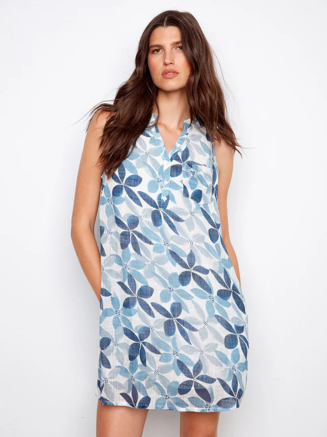 Charlie B Linen Henley Sleevess Dress Sapphire Blue Print – K-Lee Boutique