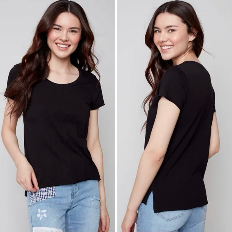 Charlie B Short Sleeve Top With Seam  Down Front Black