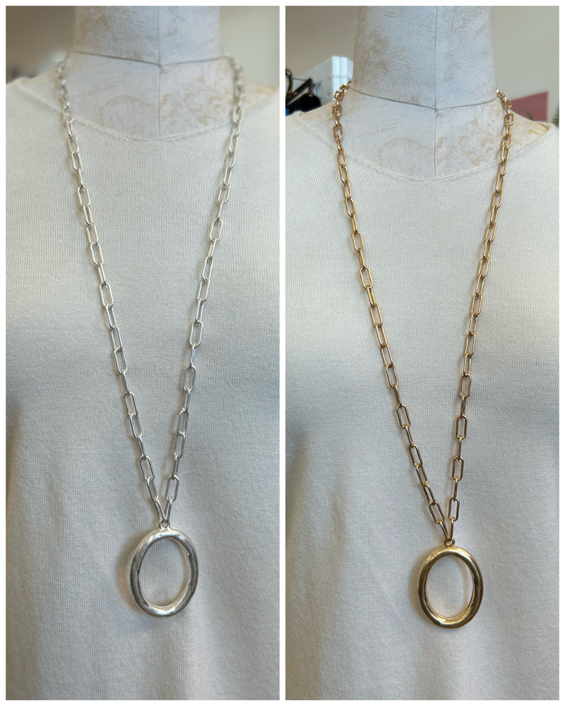 Long Brushed Metal Necklaces With Oval Pendant
