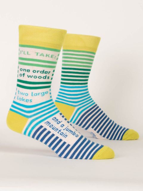 Blue Q Mens Crew Socks "I'll take one order of woods, two large lakes, and a jumbo mountain"