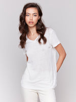 Charlie B Linen Embroidered V Neck Natural