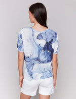 Charlie B Linen Blue Watercolour Short Sleeve Top