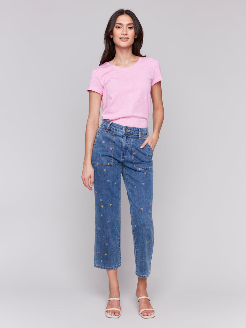 Charlie B Blue Flower Crop Denim Jeans