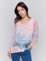 Charlie B 3/4 Sleeve Tropical Mesh Sweater