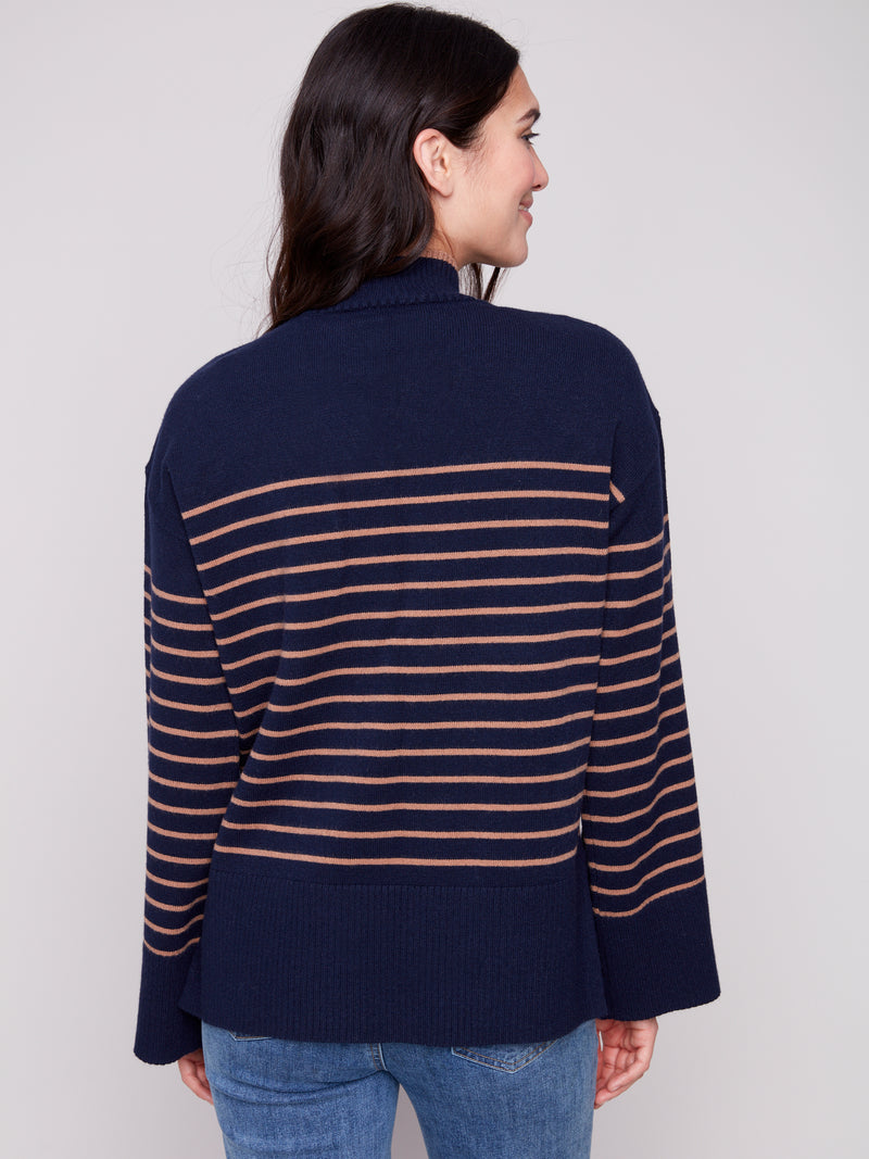 Charlie B Navy Truffle Striped Mock Neck Sweater