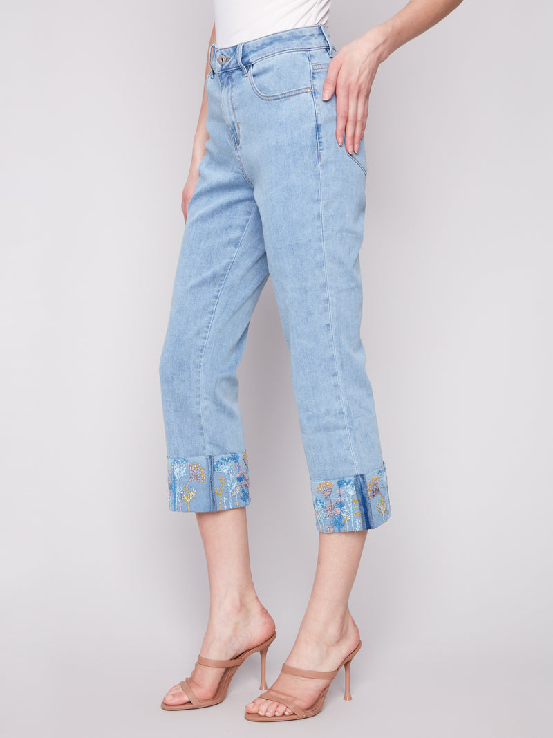 Charlie B Crop Jeans With Cuff Embroidery