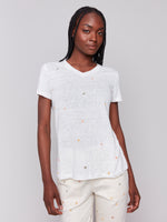 Charlie B Linen V Neck Embroidered Flower Top