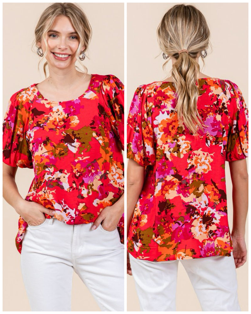 Red Abstract Print Blouse With Puff Sleeves