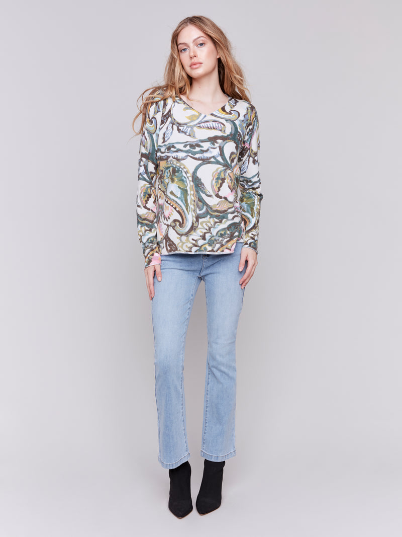 Charlie B Light Weight Sweater Peacock Print