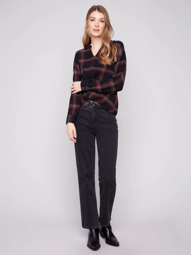 Charlie B Black Paid Front Tie Blouse