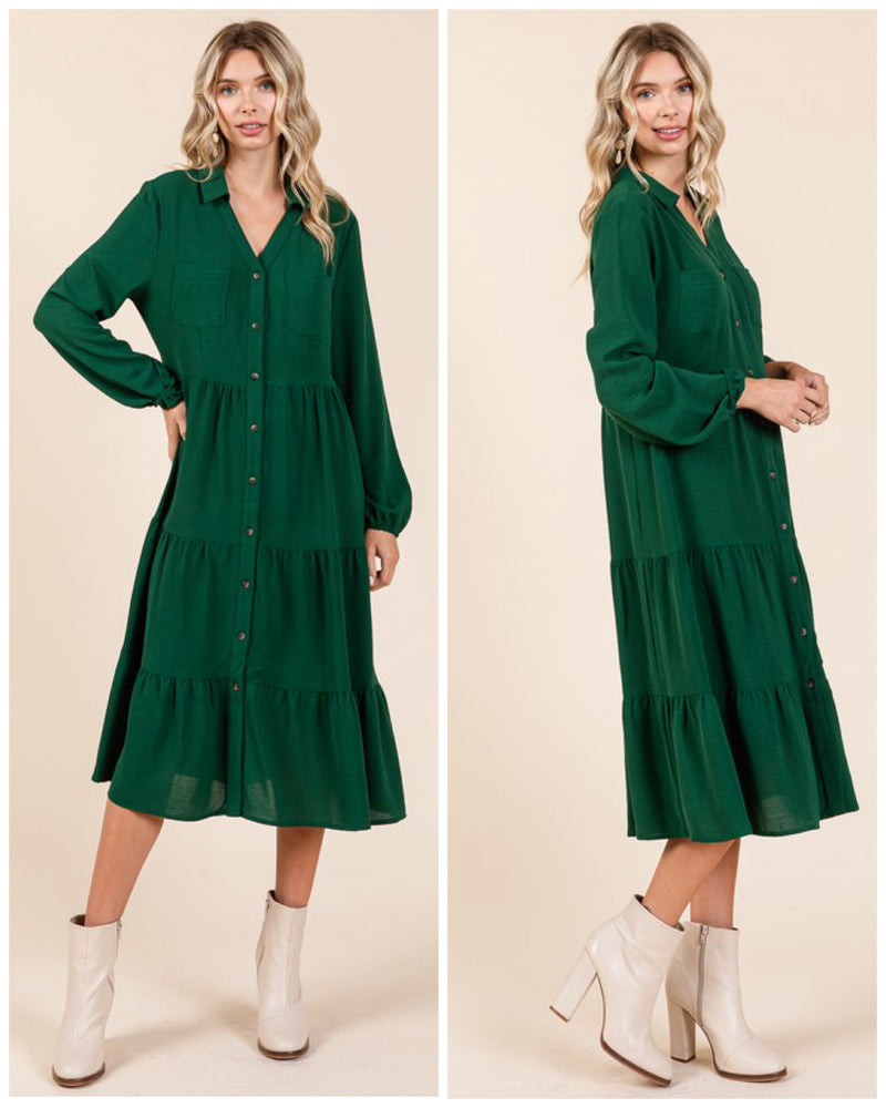 Forrest Green Tiered Long Sleeve Button Up Dress