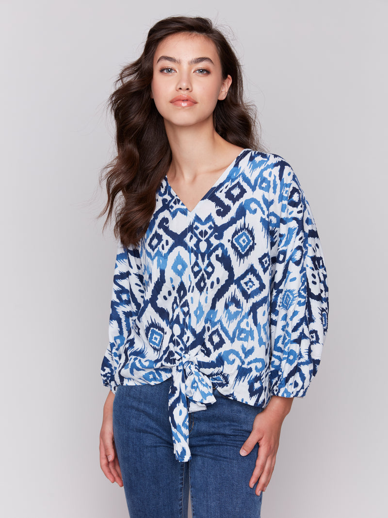 Charlie B Bat Sleeve Front Tie Blouse Ikat