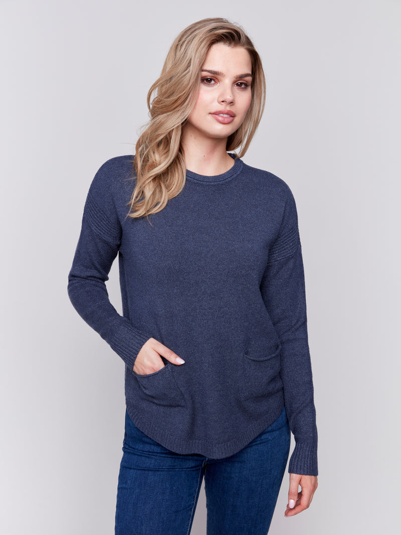 Charlie B Navy Knit Sweater With Removable Cowl Neck Scarf