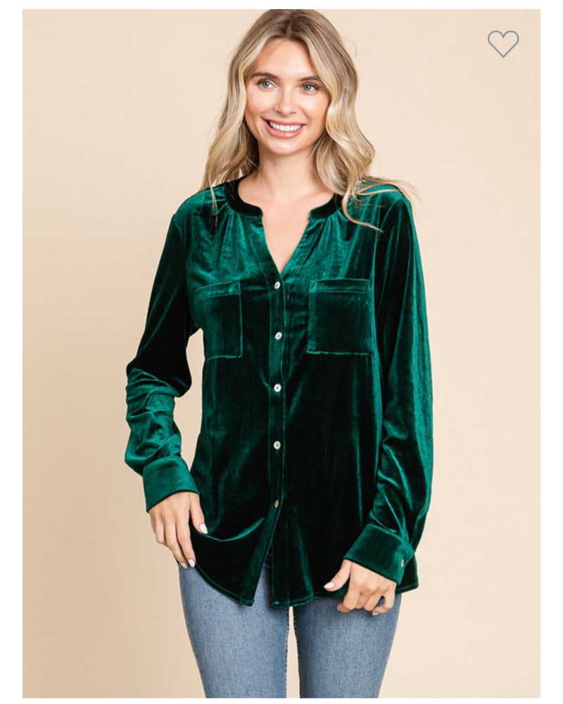 Dark Green Velvet Button Up Top