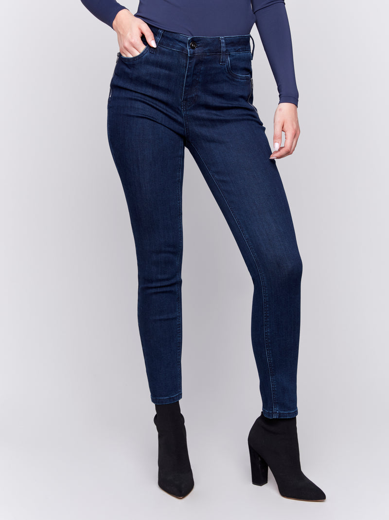 Charlie B Skinny Jean With Zipper Detail Dark Blue