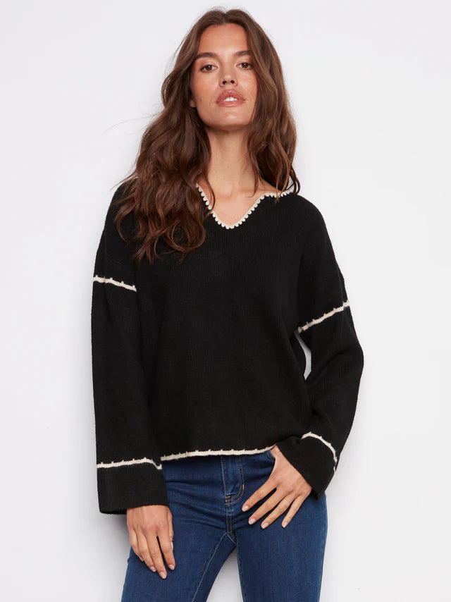 Charlie B Ribbed V Neck Slouch Sweater Black