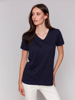 Charlie B Navy V Neck Embrodiered Tee