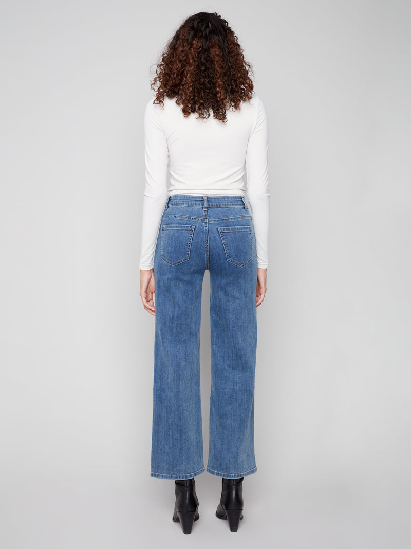 Charlie B Wide Leg Embossed Heart Denim Blue Jeans
