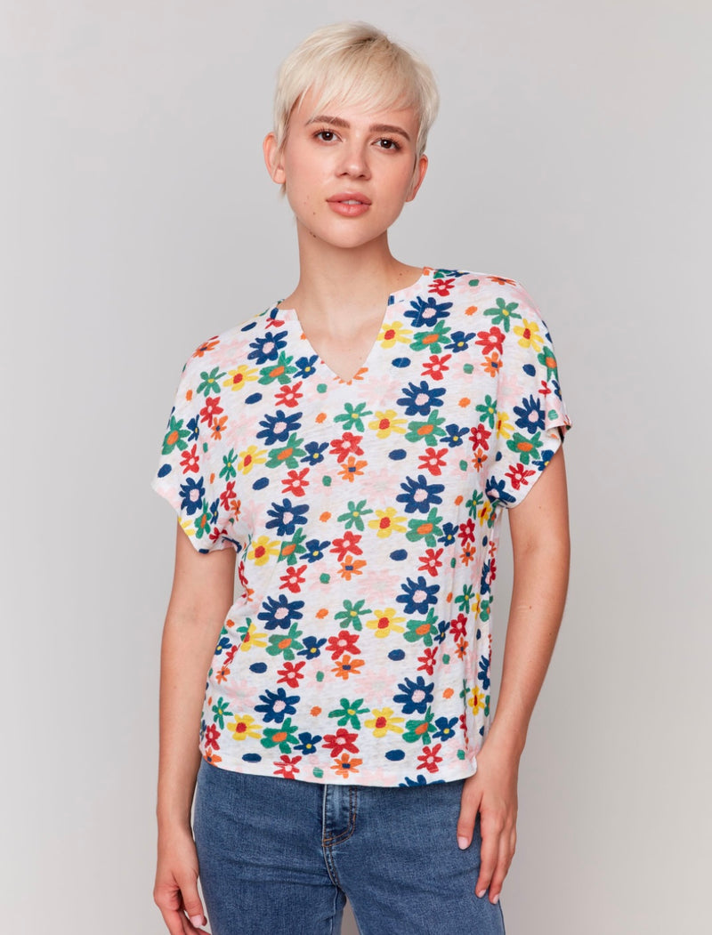 Charlie B Floral Linen Short Sleeve Top