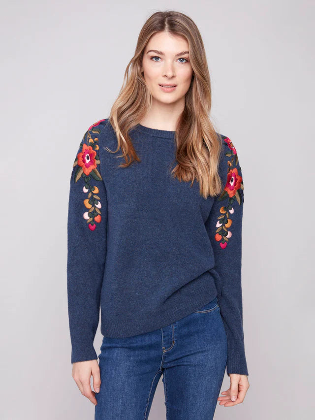 Charlie B Denim Sweater With Embriodered Flower Design