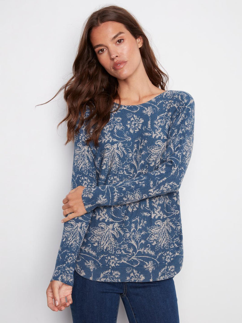 Charlie B Printed Long Sleeve Sweater Calicot Blue