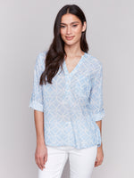 Charlei B Blue Patterened Partial Button Up Blouse