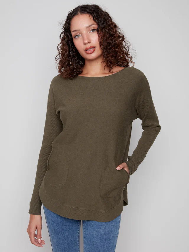 Charlie B Pocket Sweater With Lace Sleeve Detail Spruce