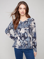 Charlie B Chic Print V Neck Light Weight V Neck Knit Sweater