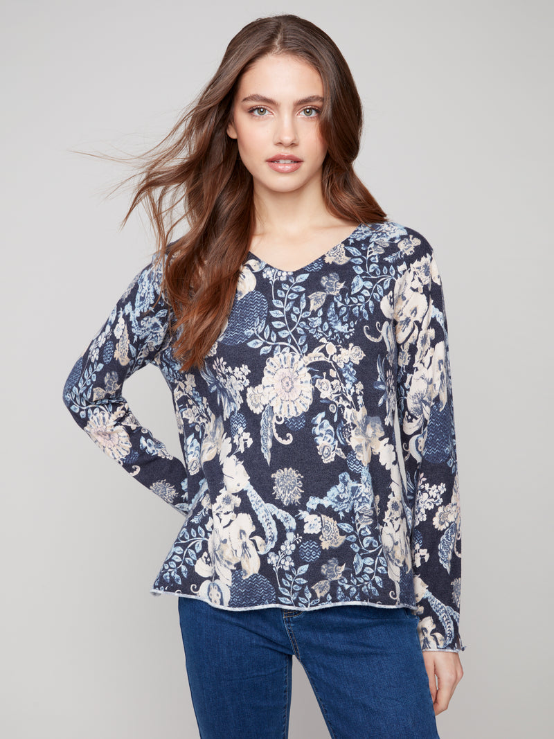 Charlie B Chic Print V Neck Light Weight V Neck Knit Sweater