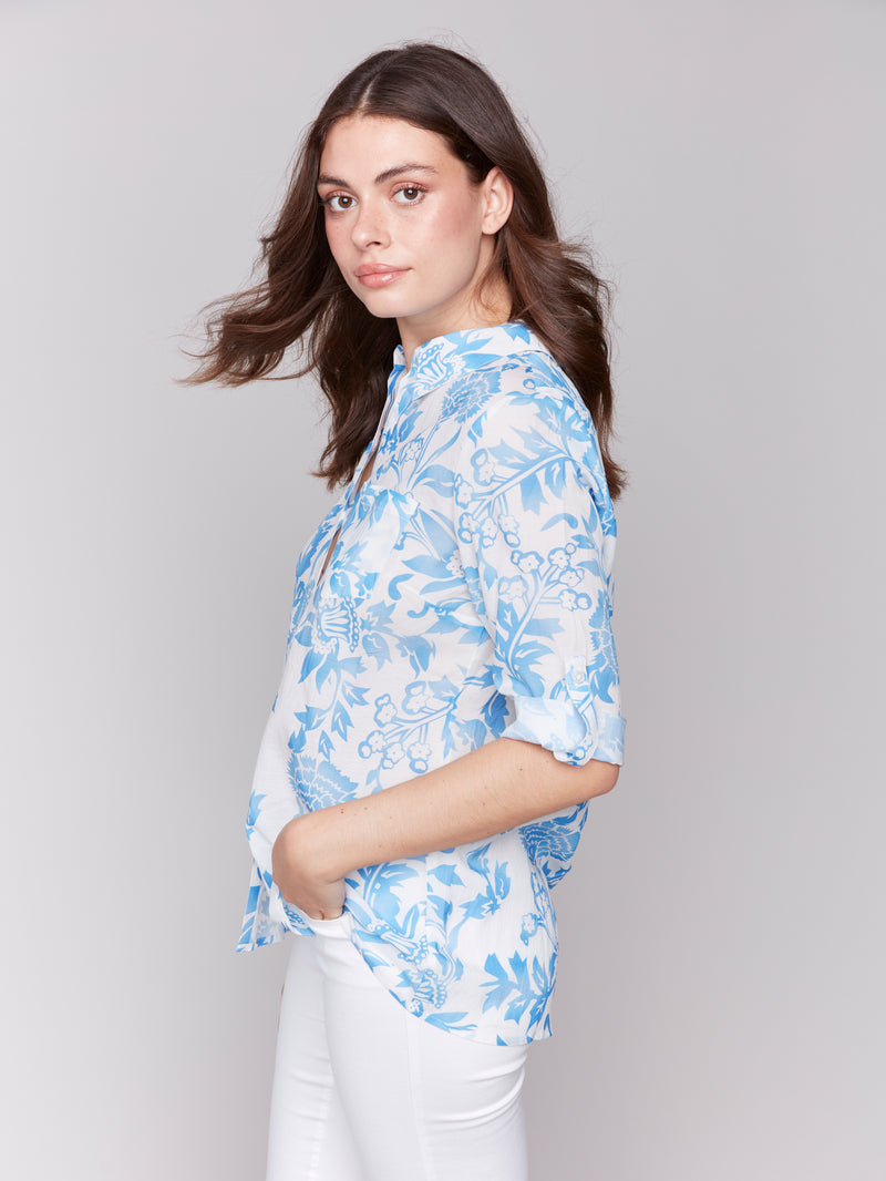 Charlie B Long Sleeve Blue/White Blouse