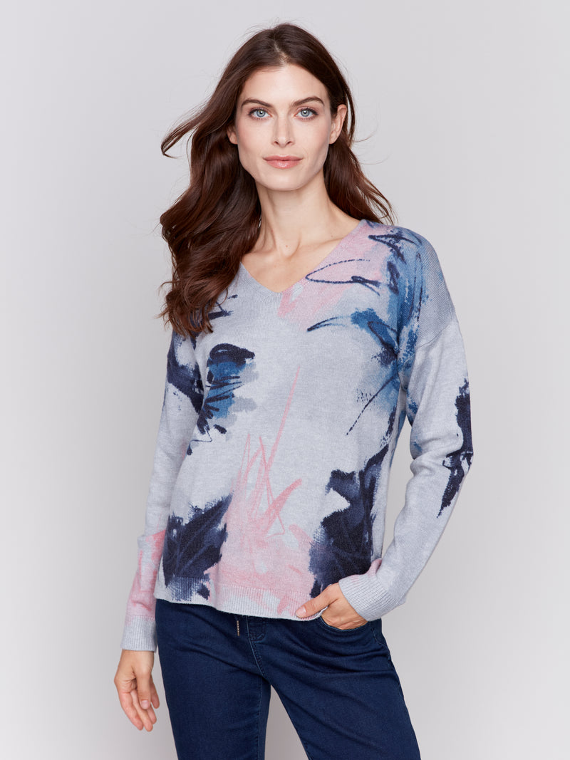 Charlie B V Neck Sweater Quartz Print