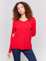 Charlie B Cranberry V Neck Light Weight Sweater