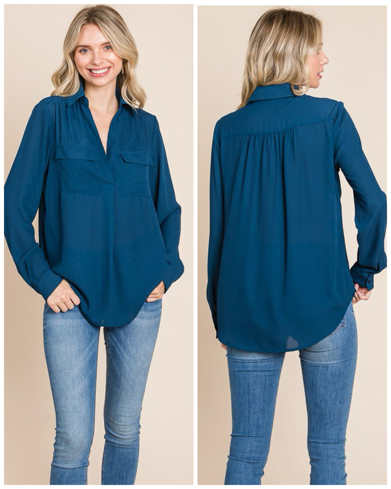 Blue V Neck Blouse