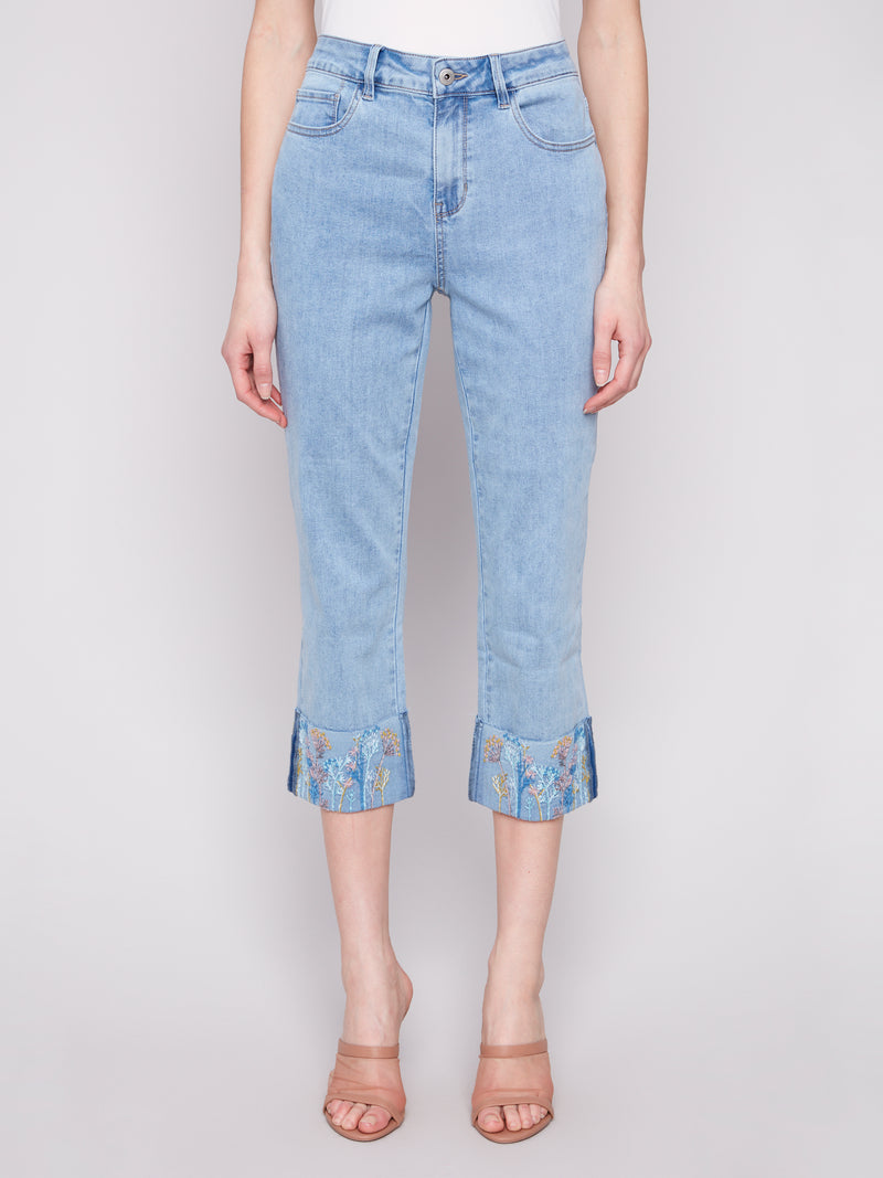 Charlie B Crop Jeans With Cuff Embroidery