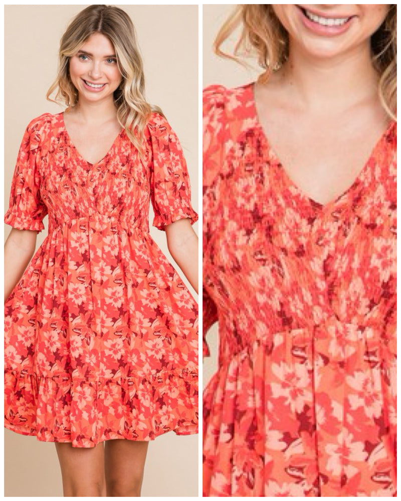 Floral V Neck Dress With Puffed Sleeve Orange