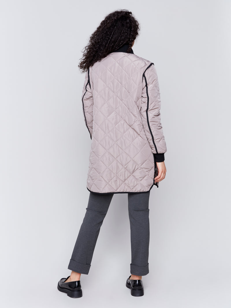 Charlie B Quilted Long Zip Up Jacket Taupe