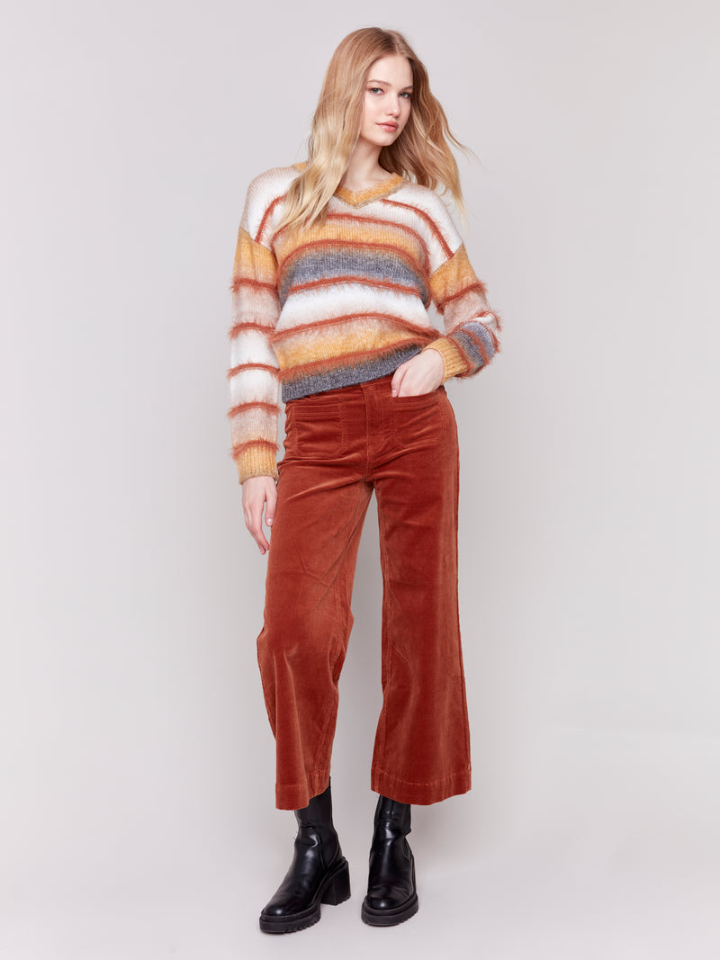 Charlie B Knit V Neck Striped Sweater Amber