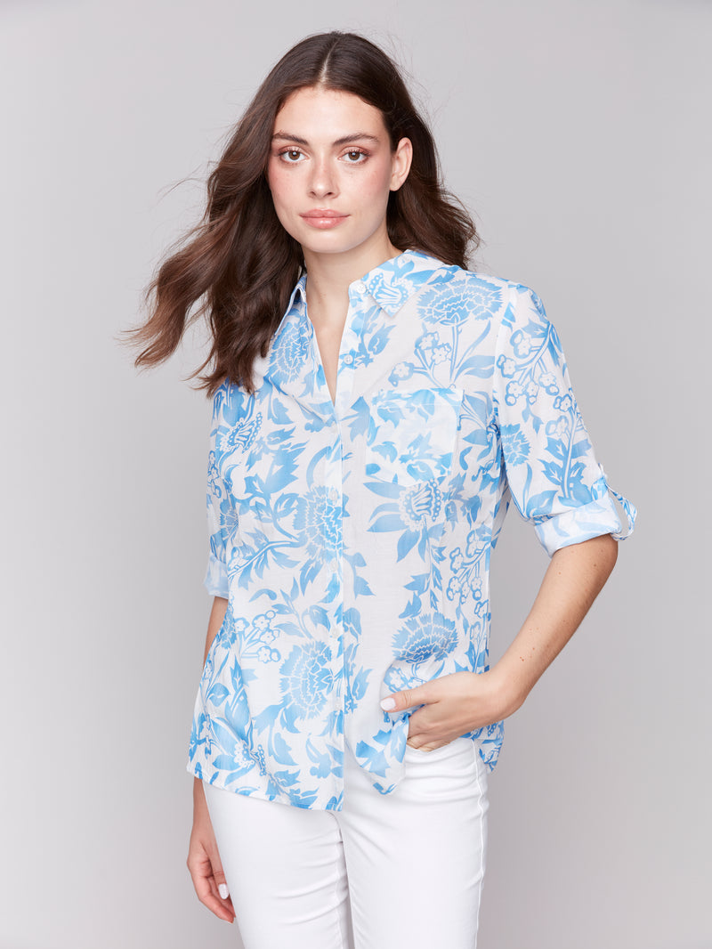 Charlie B Long Sleeve Blue/White Blouse
