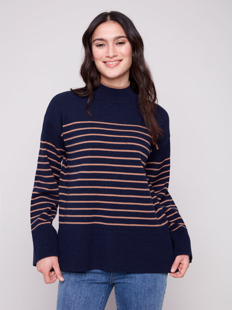 Charlie B Navy Truffle Striped Mock Neck Sweater