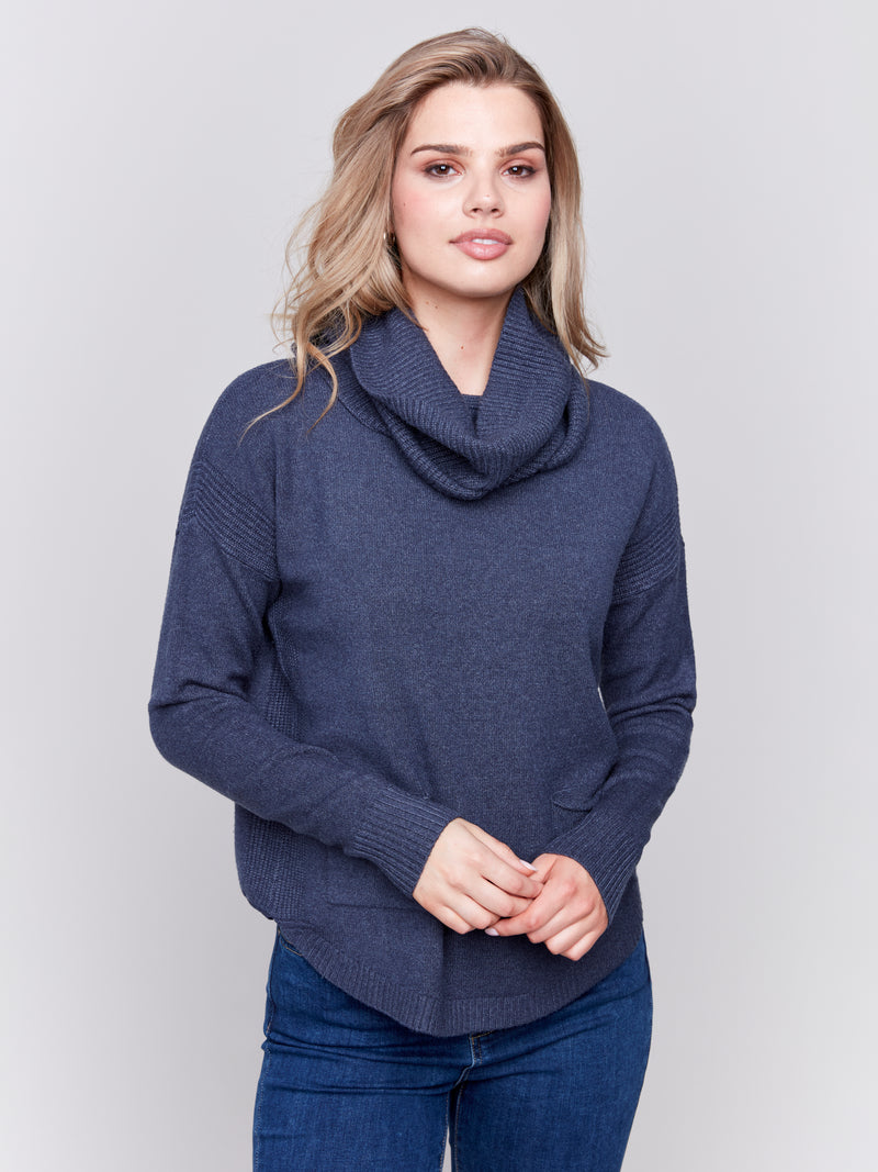 Charlie B Navy Knit Sweater With Removable Cowl Neck Scarf