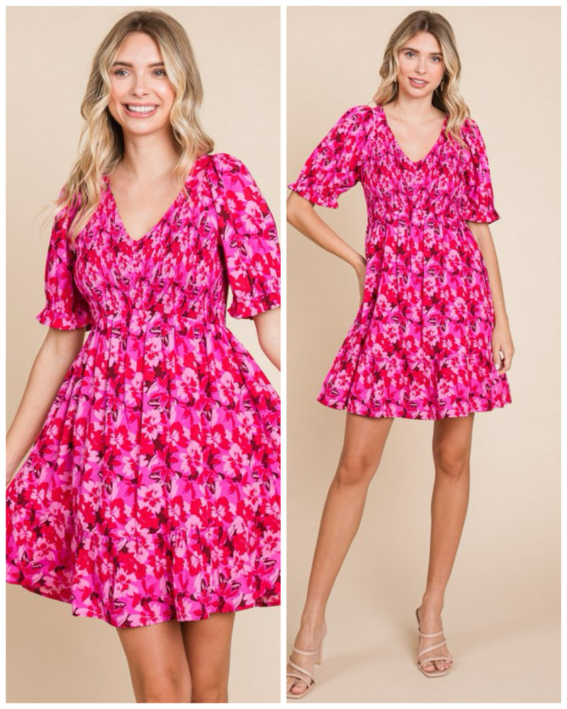 Floral V Neck Dress With Puffed Sleeve Pink