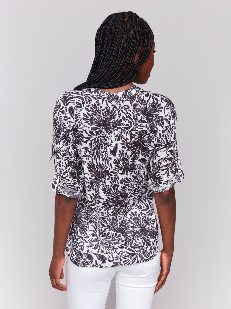 Charlie B Cotton Gauze Roll Up Sleeve Blouse Pepper