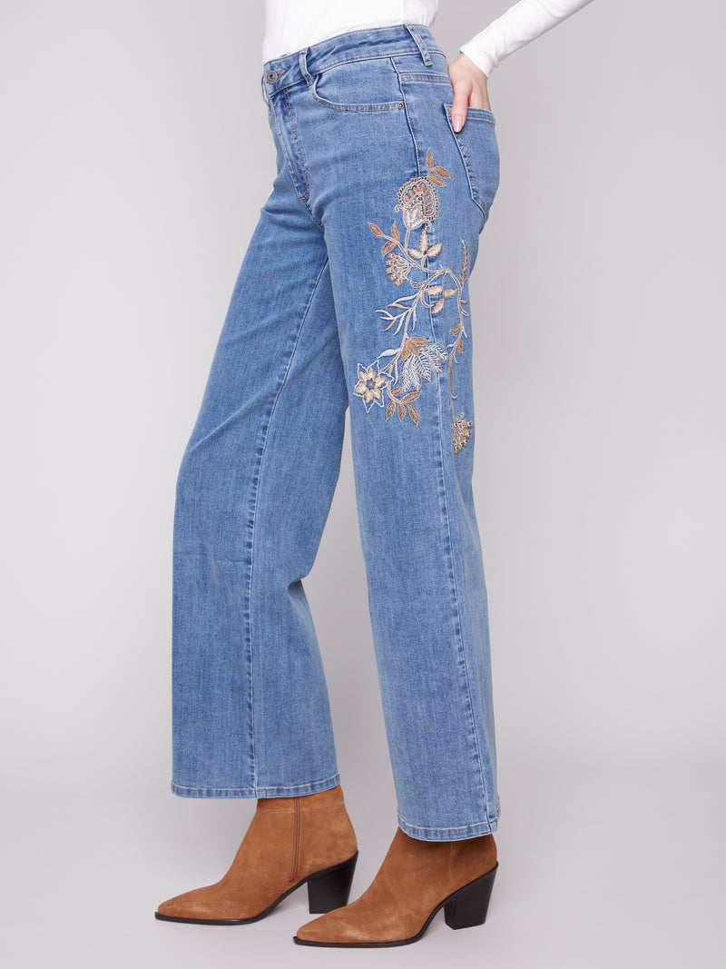 Charlie B Flower And Sequin Wide Leg Jeans