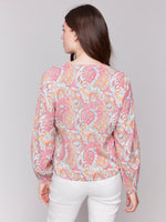 Charlie B Long Sleeve Front Tie Blouse Paisley