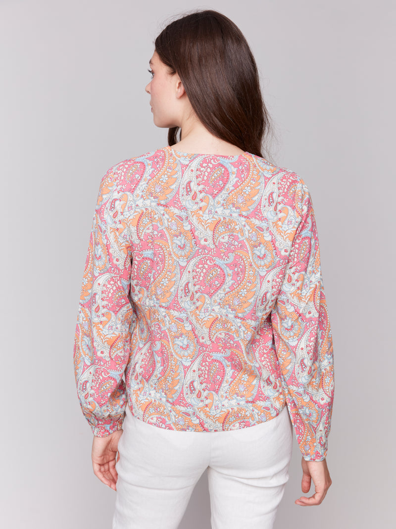 Charlie B Long Sleeve Front Tie Blouse Paisley