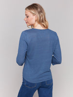 Charlie B Sparkle V Neck Top 3/4 Sleeve Denim Blue