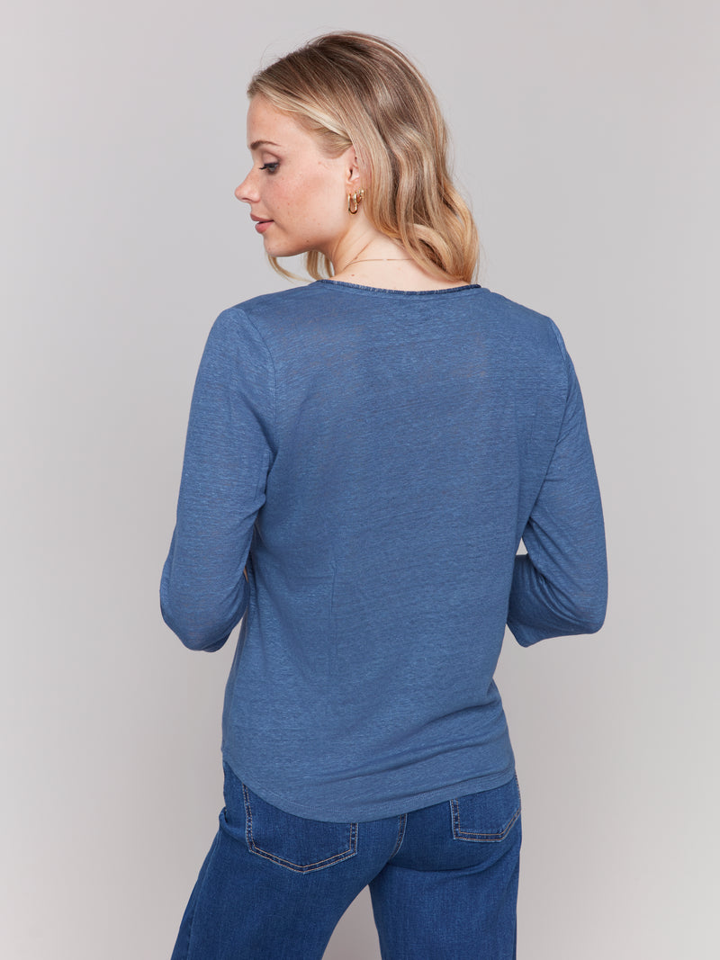 Charlie B Sparkle V Neck Top 3/4 Sleeve Denim Blue