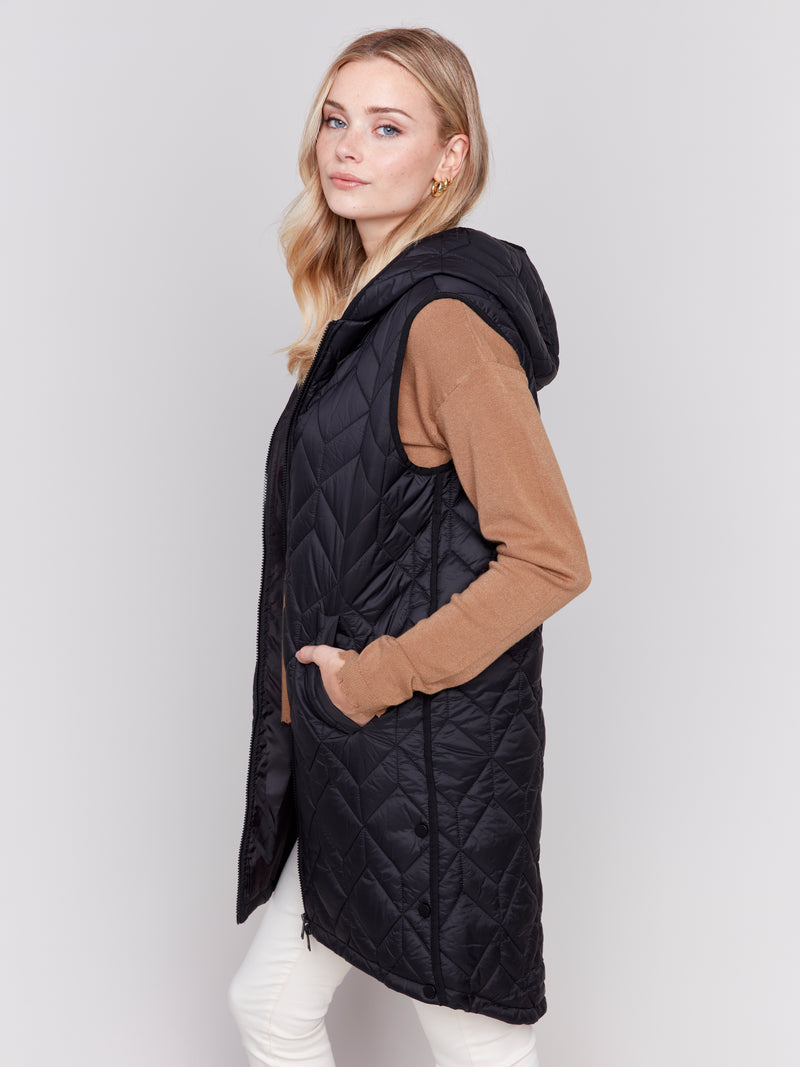 Charlie B Long Quilted Hooded Vest Black