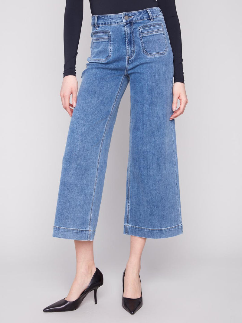 Charlie B Wide Leg Crop Front Pockets Medium Blue
