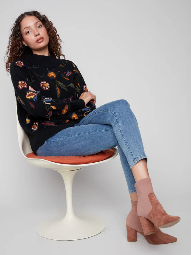 Charlie B Black Mock Neack Sweater With Embroidered Flowers
